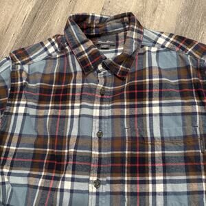 Eddie Bauer Flannel Shirt Mens Size Large Regular Fit Blue Brown Plaid Button Up